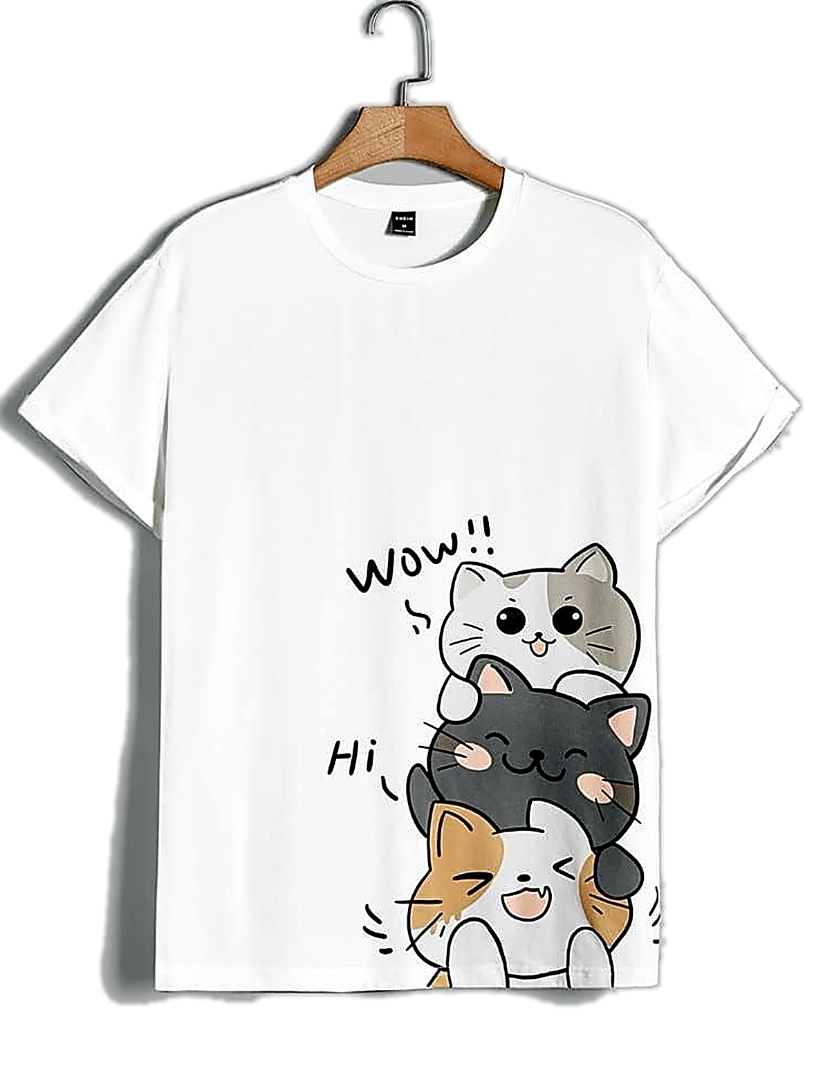 Camiseta blanca con ilustracion de gatos en composicion vertical.